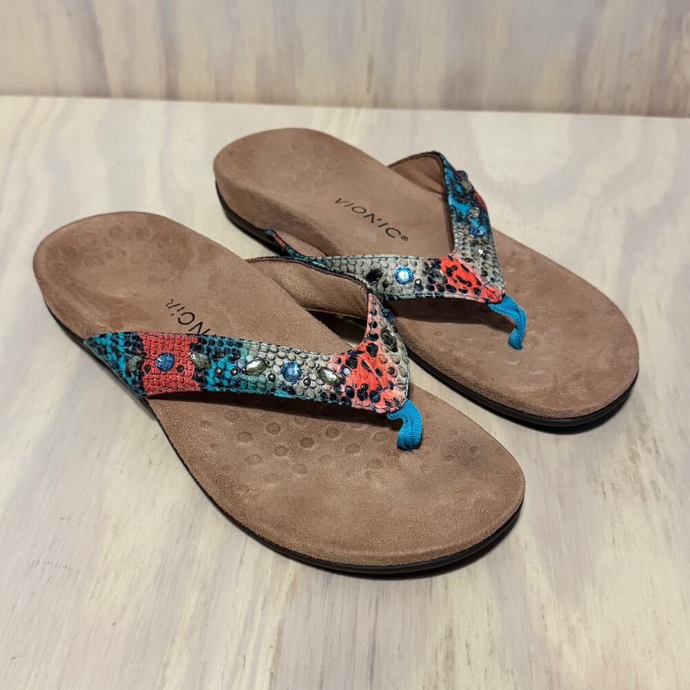 Vionic Lucia Snakeskin Rhinestone Sandals Flip Flops Womens size 9